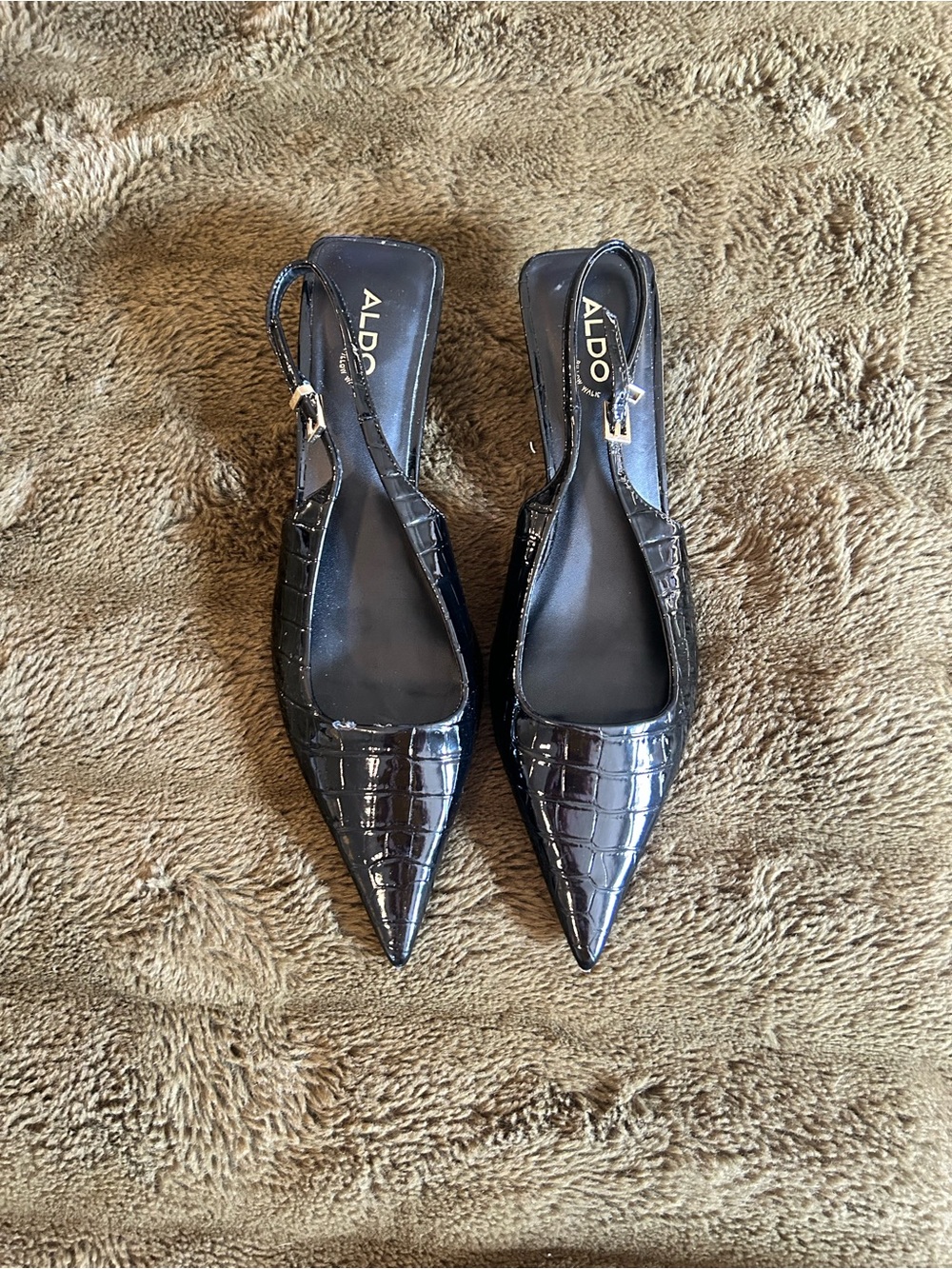 Aldo Black Croc-Embossed Pointed Slingback Heels